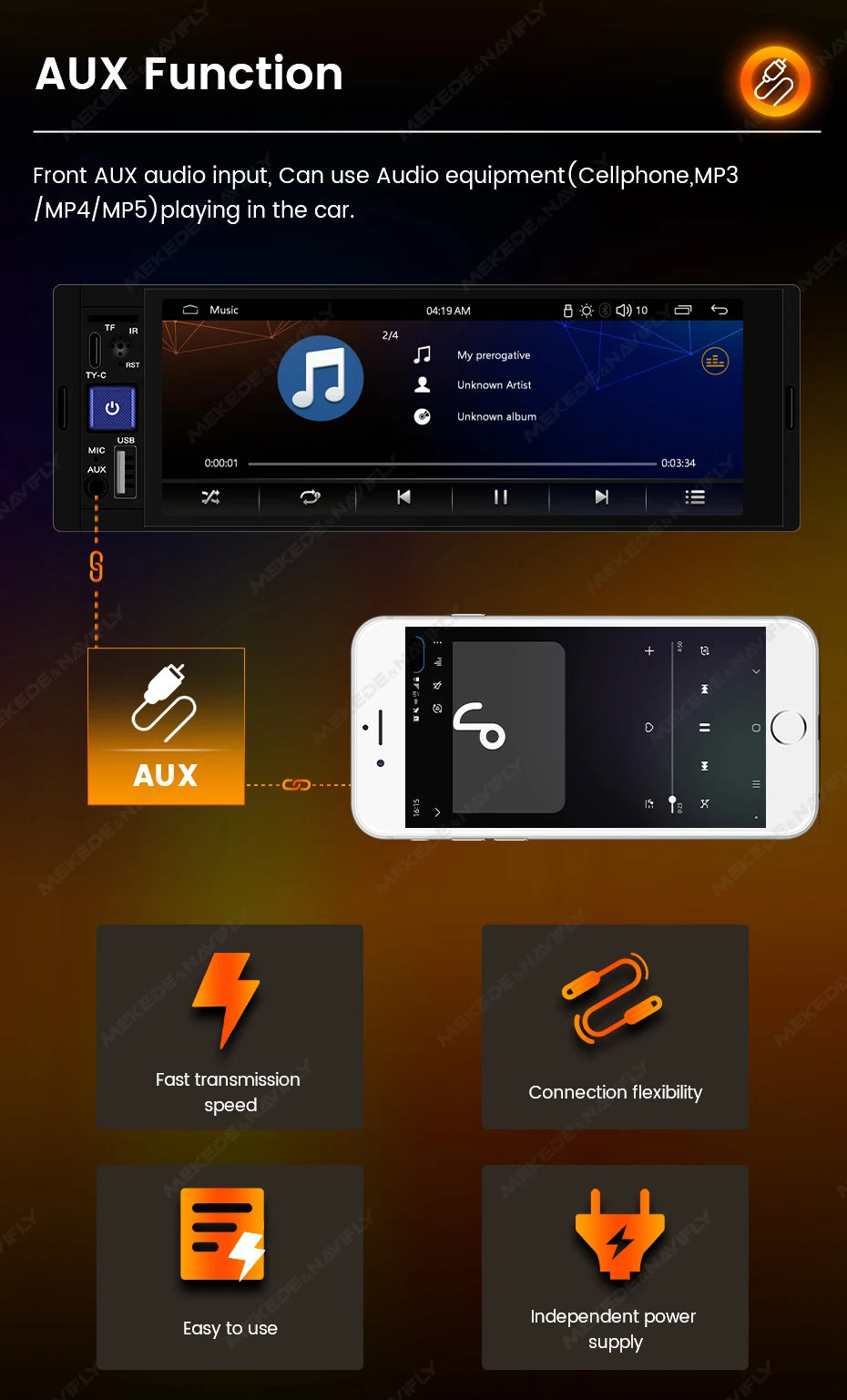 AURARIDE Single DIN apple carplay stereo port