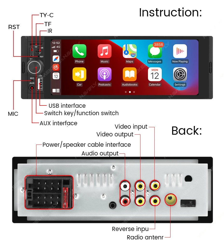AURARIDE Single DIN apple carplay stereo port
