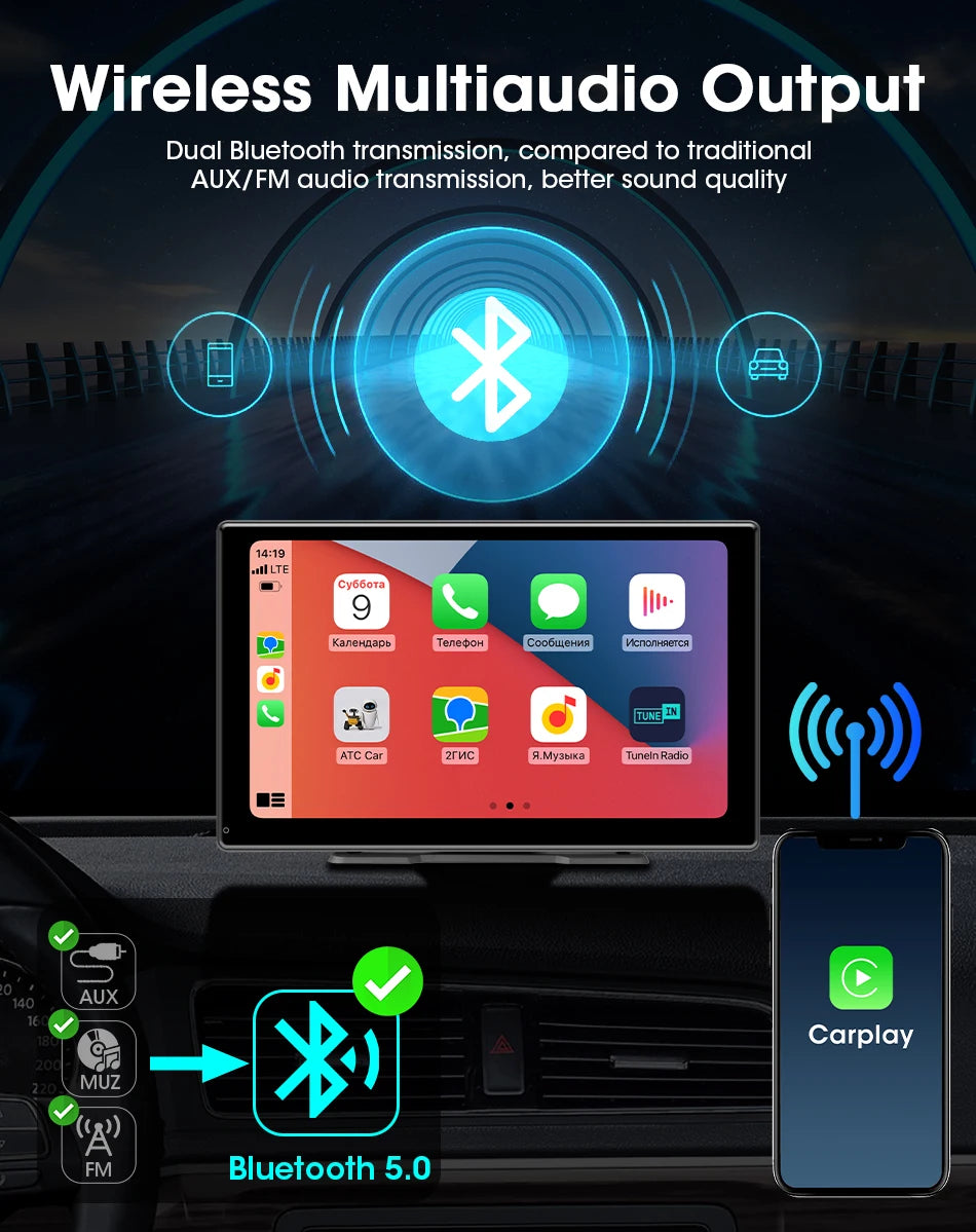 AuraRide 10” CarPlay Smart Screen – Wireless Multimedia Display