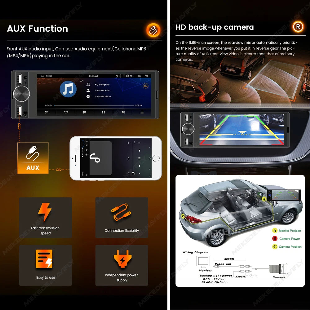 AURARIDE Single DIN apple carplay stereo port