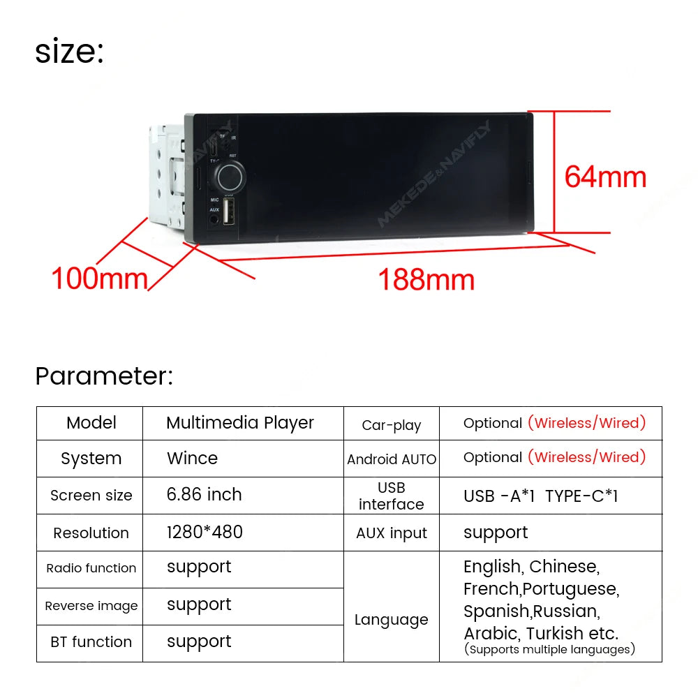 AURARIDE Single DIN apple carplay stereo port