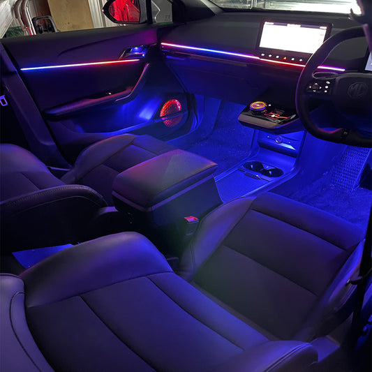Car interior with LED strip lights in various colors